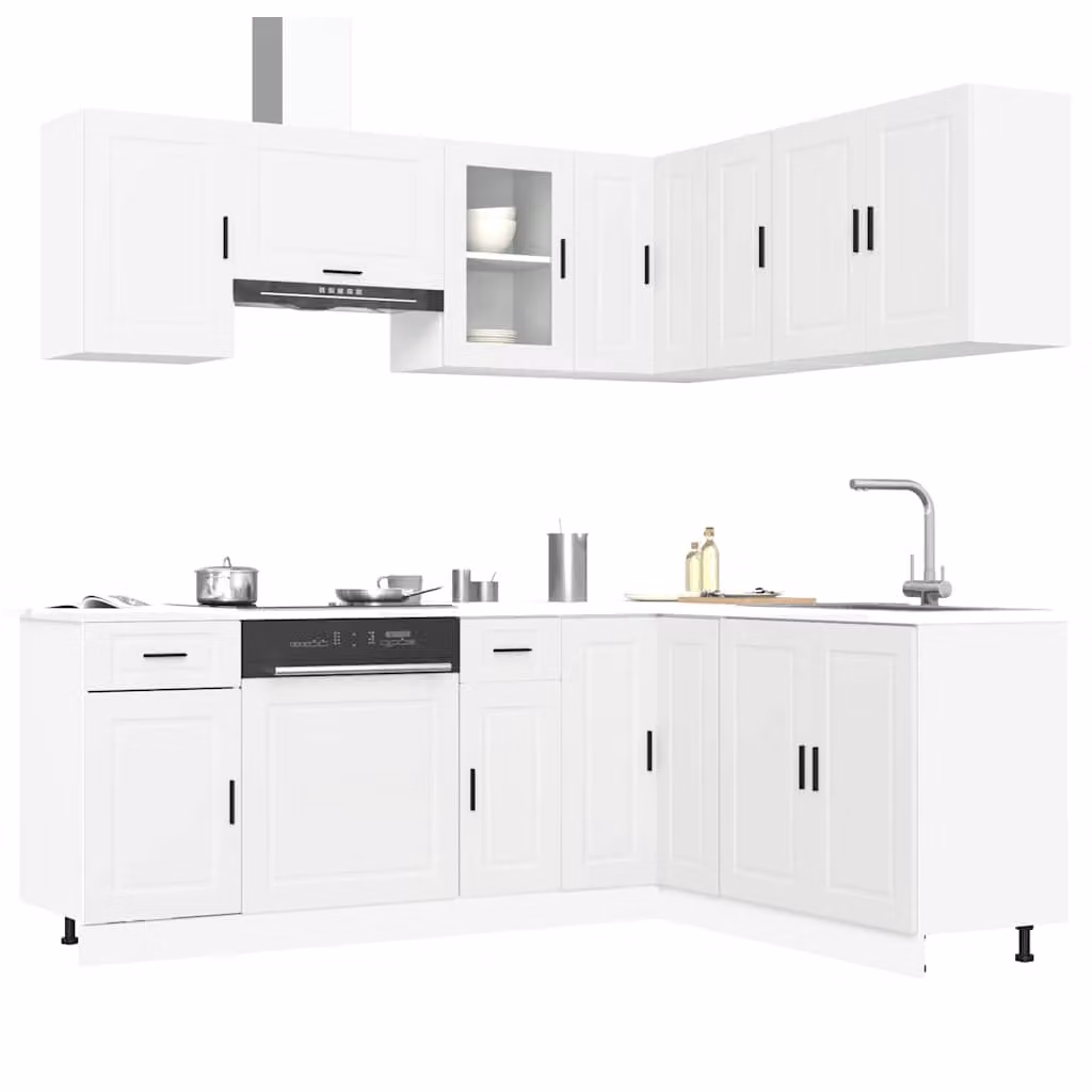 Set di mobili da cucina moderno vidaXL composto da 11 pezzi in legno e vetro, colore bianco opaco
