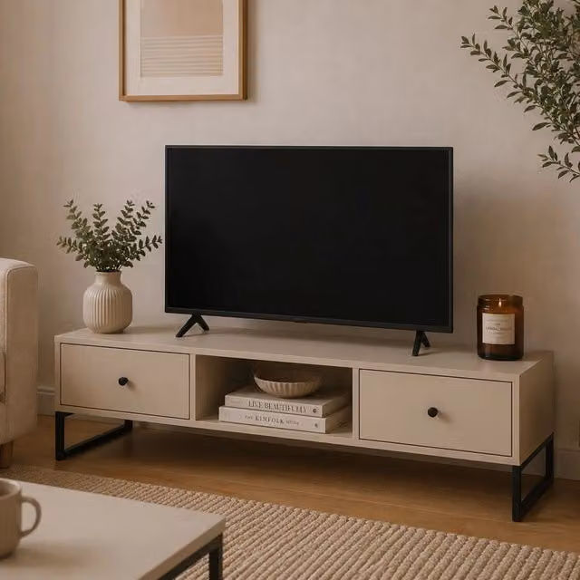Lilito Mobile Porta TV Moderno con 2 Cassetti in Legno, Colore Beige, L 115 cm x P 33 cm x H 43 cm – 1