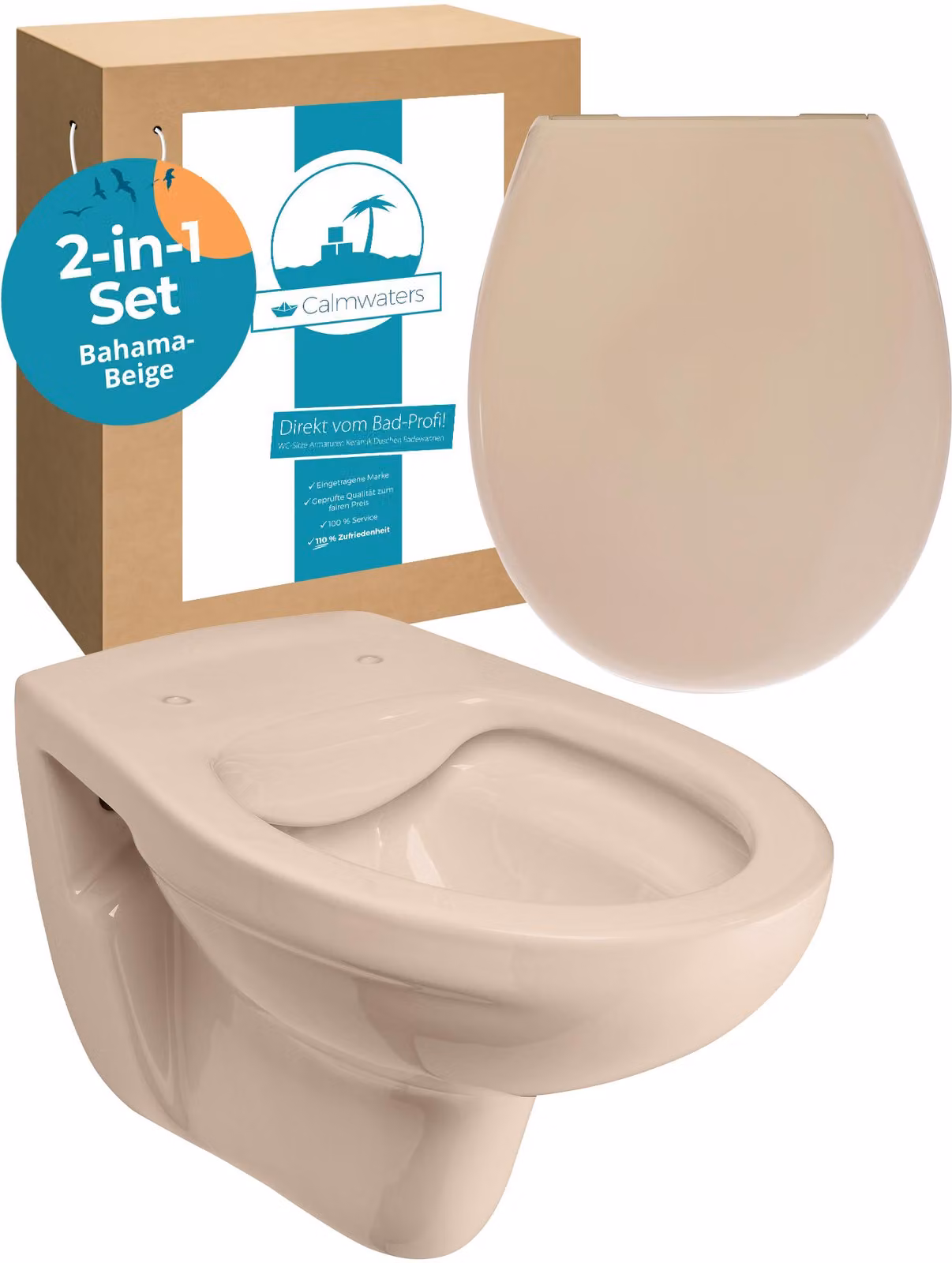 Calmwaters® WC sospeso senza bordo, WC lavabile in Vetroceramica, set completo di sedile del WC con chiusura soft-close in beige-bahama, scarico orizzontale, sedile del WC in duroplast antibatterico, 99000190