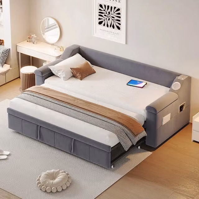 Divano letto - Xylo - 90x190 cm Bluetooth USB velluto grigio