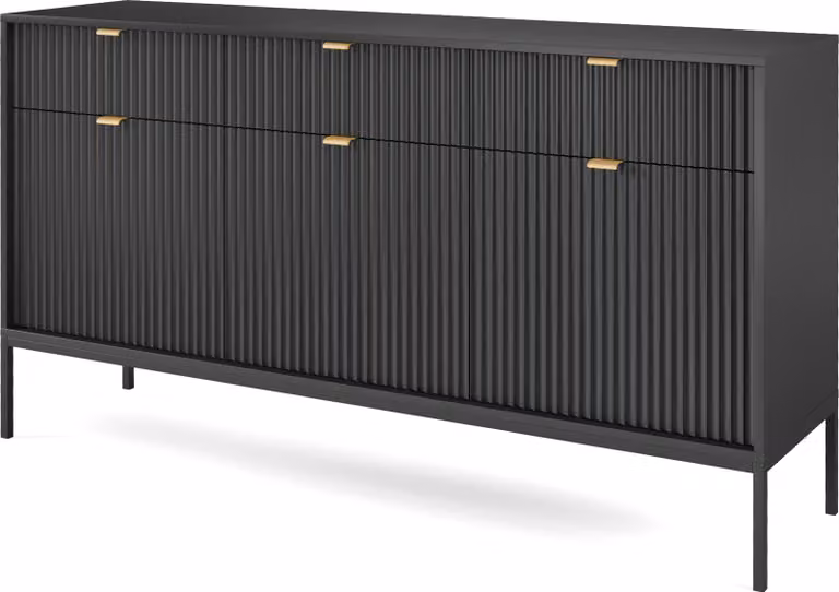 Comodino: 3 cassetti, 3 ante, colore nero, dimensioni 154 x 83 x 39 cm, maniglie dorate