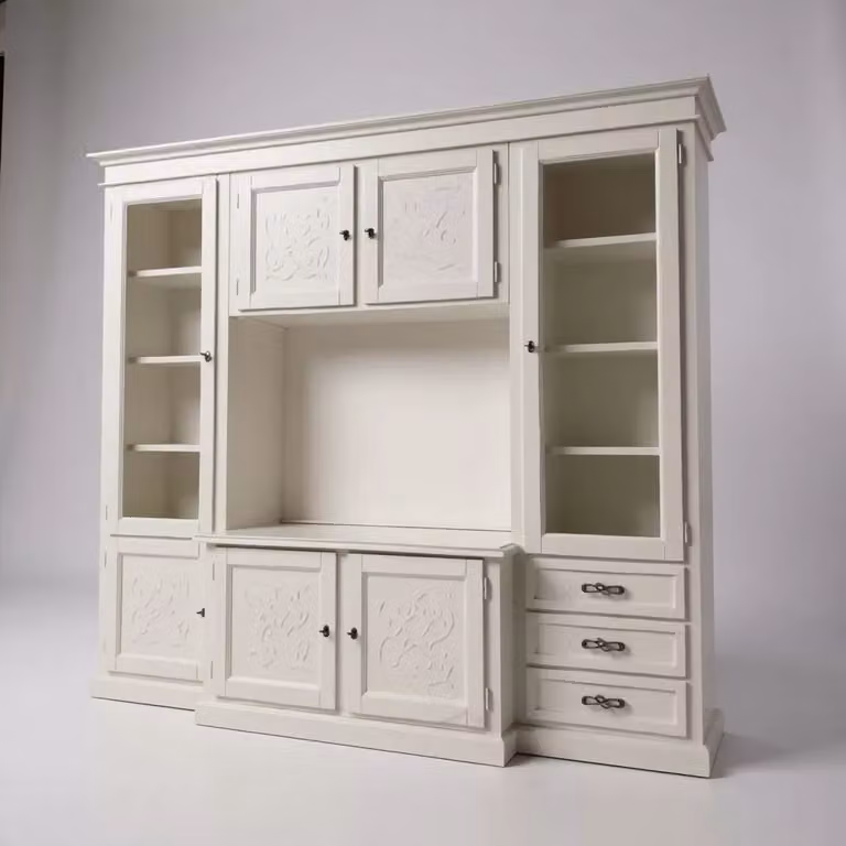 Parete attrezzata porta TV shabby chic in legno bianco anticato Mobili 2G L: 250 cm, P: 53 cm, H: 225 cm