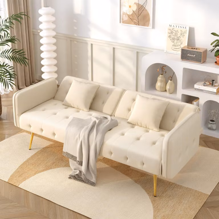 okwish Divano a due posti moderno con funzione letto, divano relax con braccioli e funzione letto integrata, divano pieghevole Lounge con schienale regolabile e rivestimento in velluto, beige