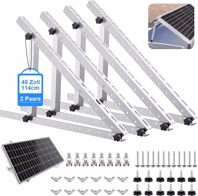Supporto per pannelli fotovoltaici 4X, 114 cm, sistema di montaggio per pannelli solari per impianti fotovoltaici da balcone, struttura regolabile da 0° a 90° per tetti piani