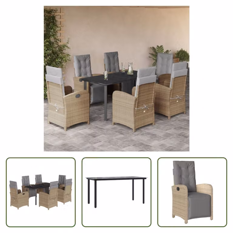 The Living Store Set da pranzo da giardino 7 pezzi con cuscini Beige poly rattan