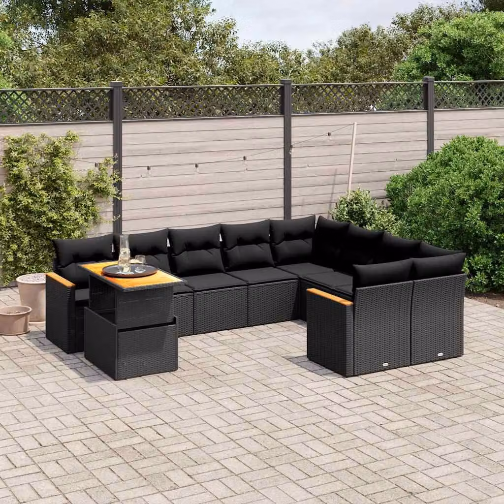 Set di divani da giardino vidaXL in polyrattan nero con cuscini e tavolino da esterno moderno – 1