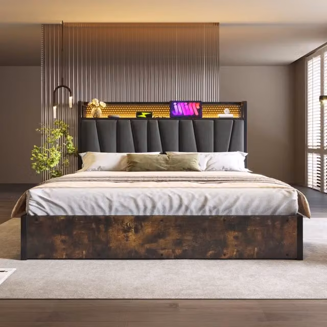 Letto contenitore matrimoniale OKWISH grigio con base a sollevamento, porte USB, illuminazione sottostante e mensola laterale, L/P: 180 x 200 cm