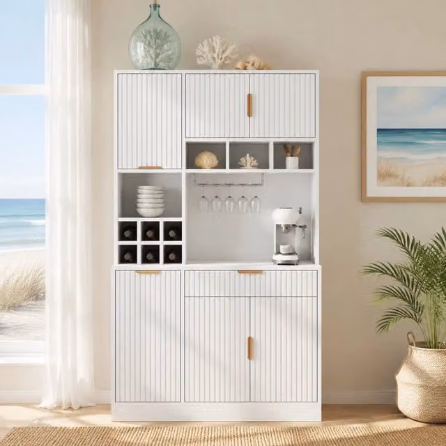 Credenza alta Mivray bianca con prese USB-A e USB-C, portabottiglie e portabicchieri, L/P/H: 100 x 40 x 175 cm