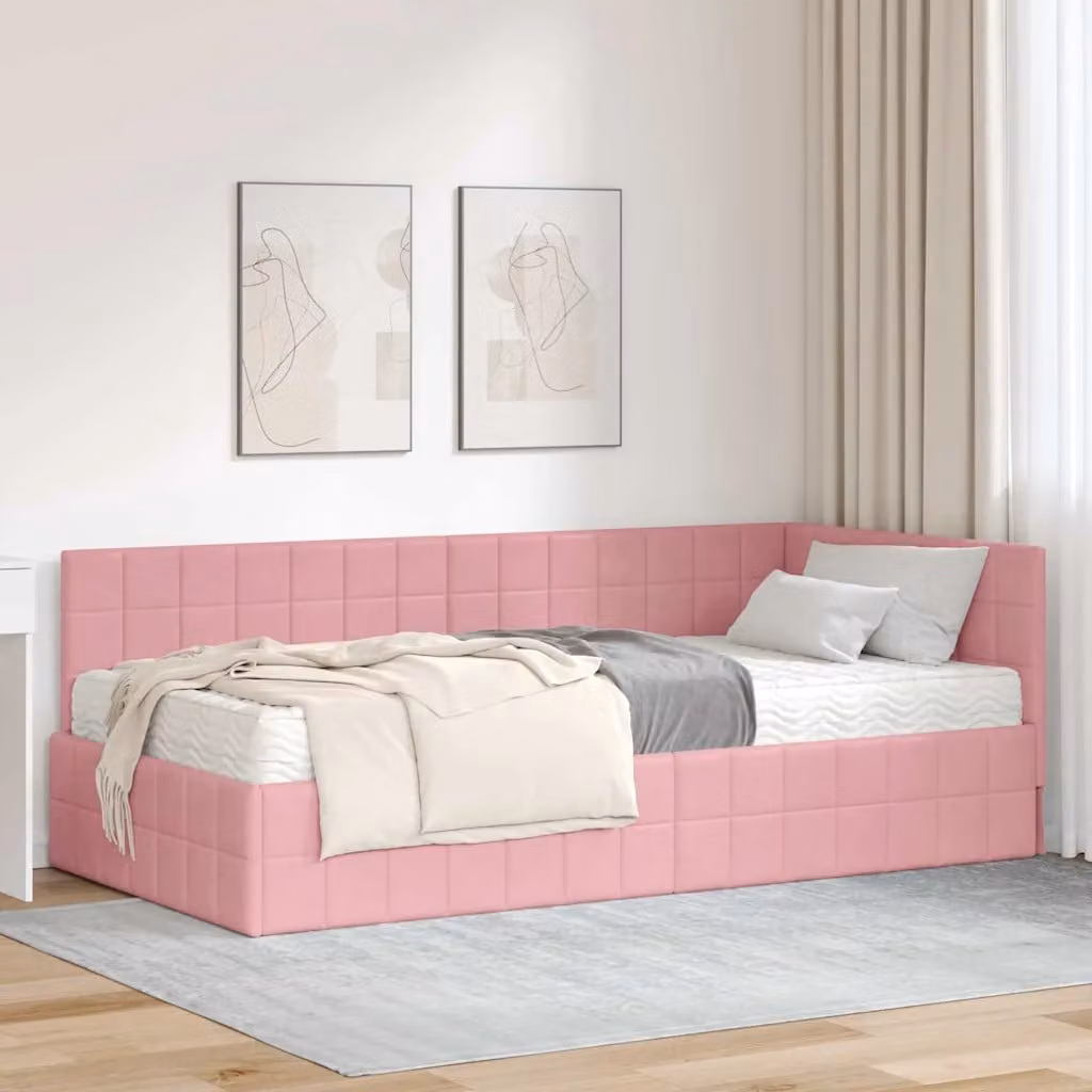 vidaXL Struttura Letto Angolare con 2 Materassi in Velluto Rosa L/P/H: 200 x 100 x 72 cm