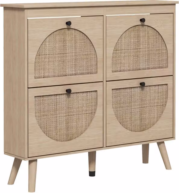 Scarpiera Xylo in legno massello e rattan stile boho con 4 ante e spazio per 20 paia di scarpe, colore naturale beige e marrone, L: 105 cm, P: 24 cm, H: 97,5 cm