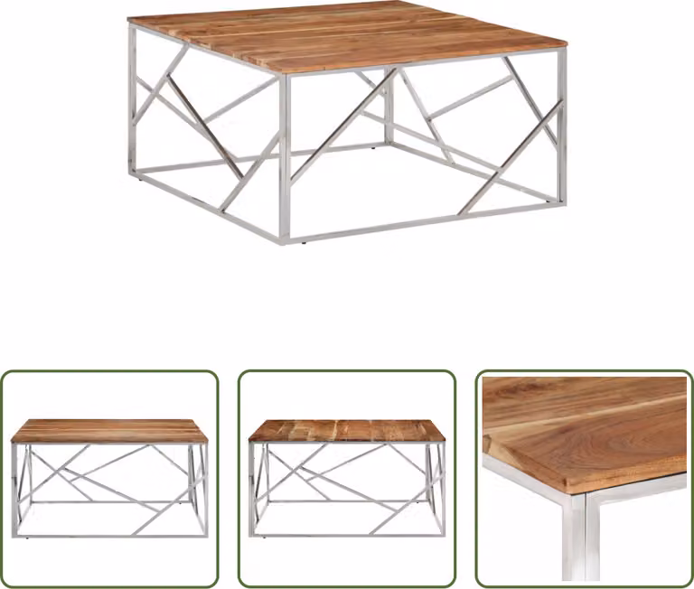 Tavolino The Living Store in acciaio inox argento e legno massiccio di acacia