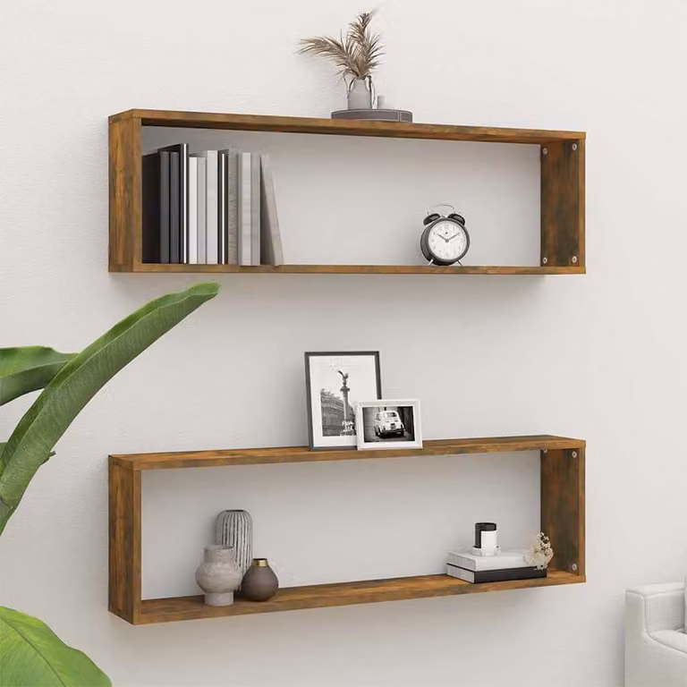 Set di 2 mensole a cubo da parete vidaXL in legno ingegnerizzato, colore rovere fumo, L 100 cm x P 30 cm x H 15 cm