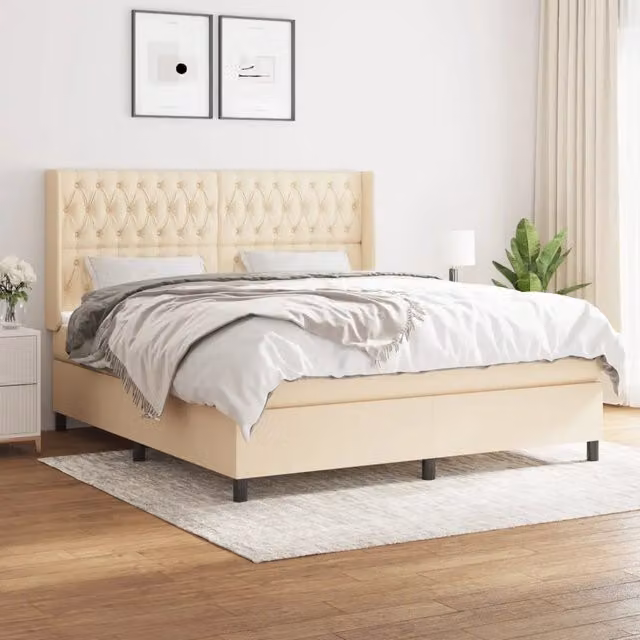 Letto Ibrido vidaXL con Giroletto a Molle e Materasso in Tessuto Beige e Bianco L/P: 180 x 200 cm