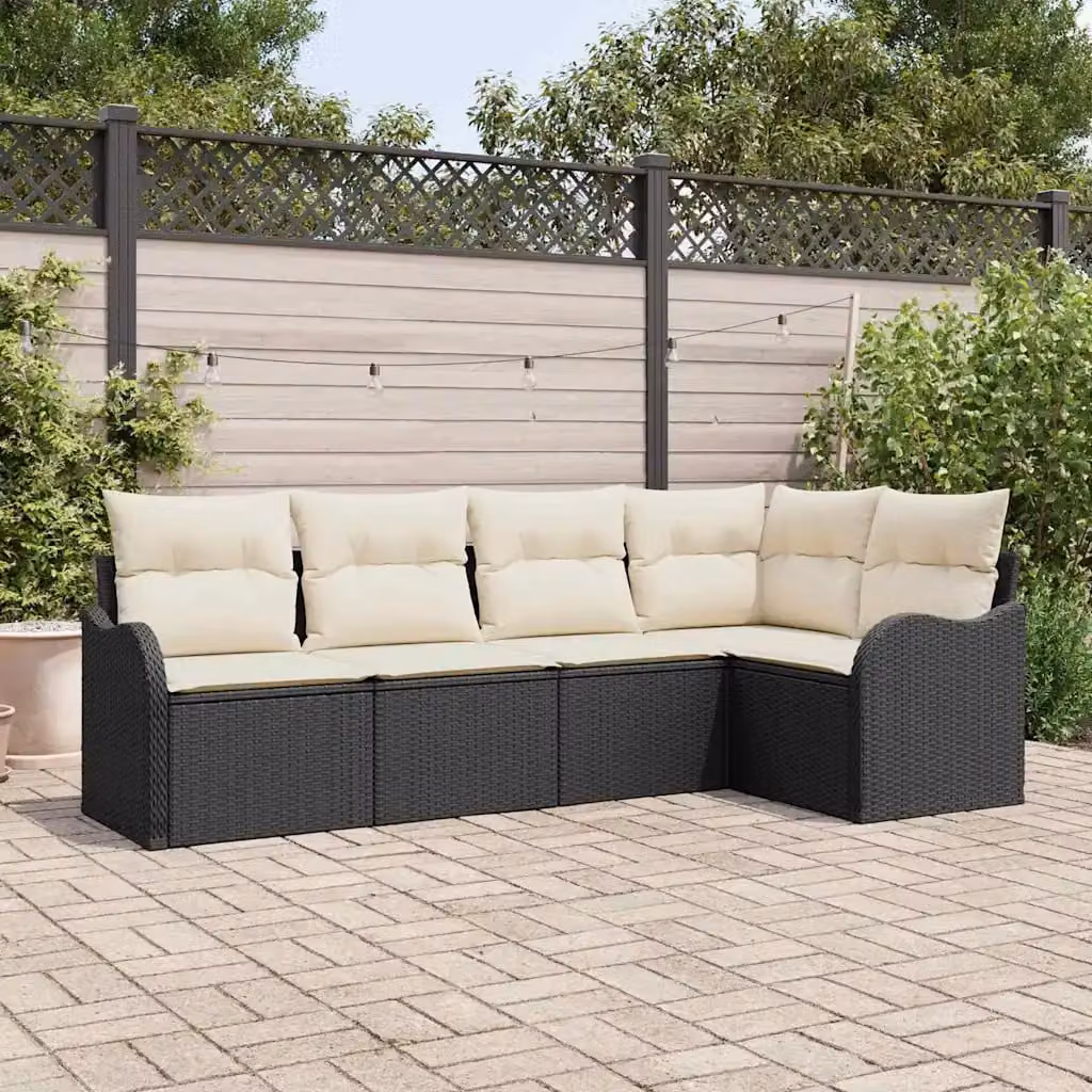 Set Divano da Giardino vidaXL 5 pz in Polyrattan Nero con Cuscini e Struttura in Metallo – 1