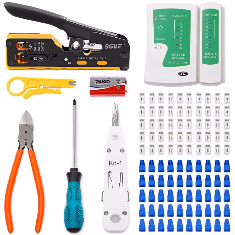 Set di utensili per crimpare connettori RJ45, completo di spelacavi e taglierino per cavi Ethernet