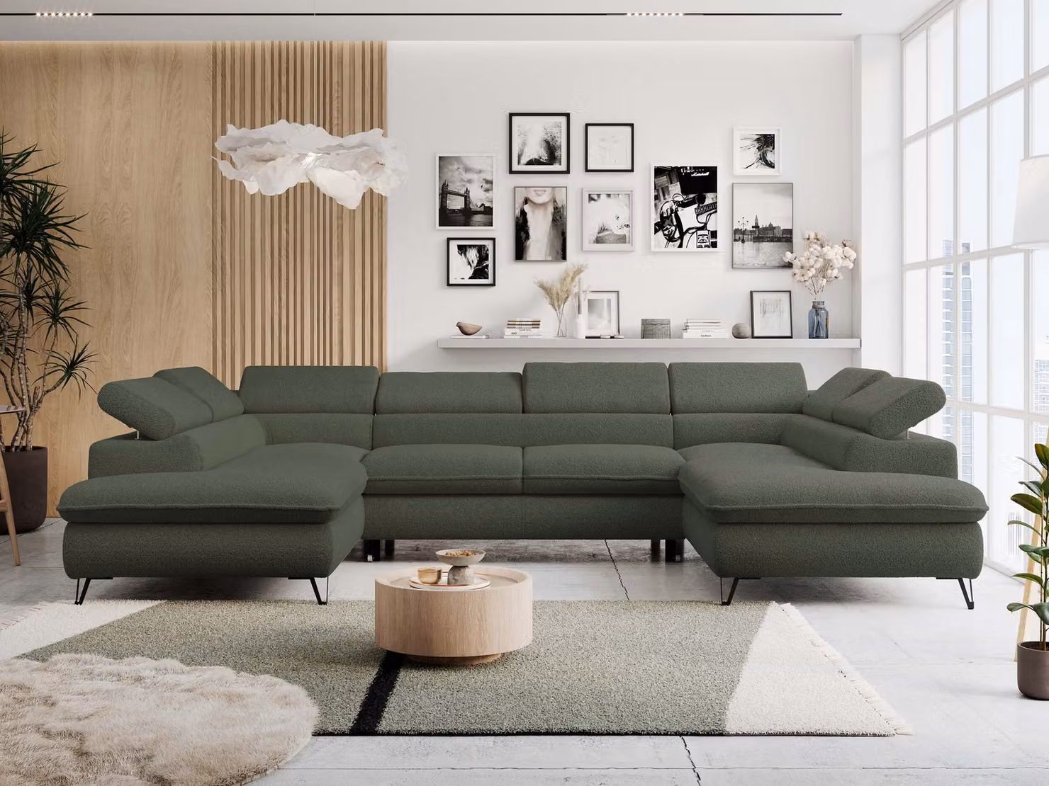 Divano ad angolo con funzione letto, contenitore, a forma di U, poggiatesta regolabili, divano da salotto - PETER U - Bouclé - Verde