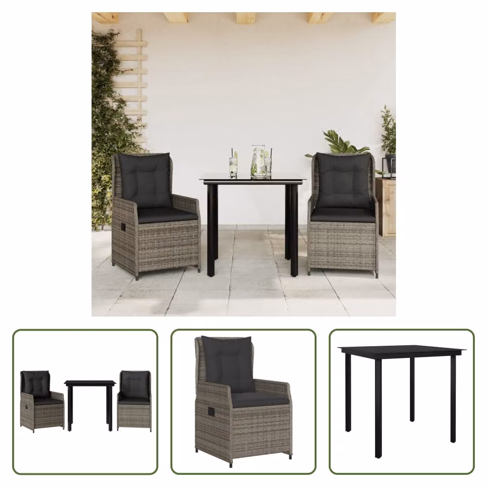 The Living Store Set da pranzo da giardino in 3 pezzi con cuscini in poly rattan grigio