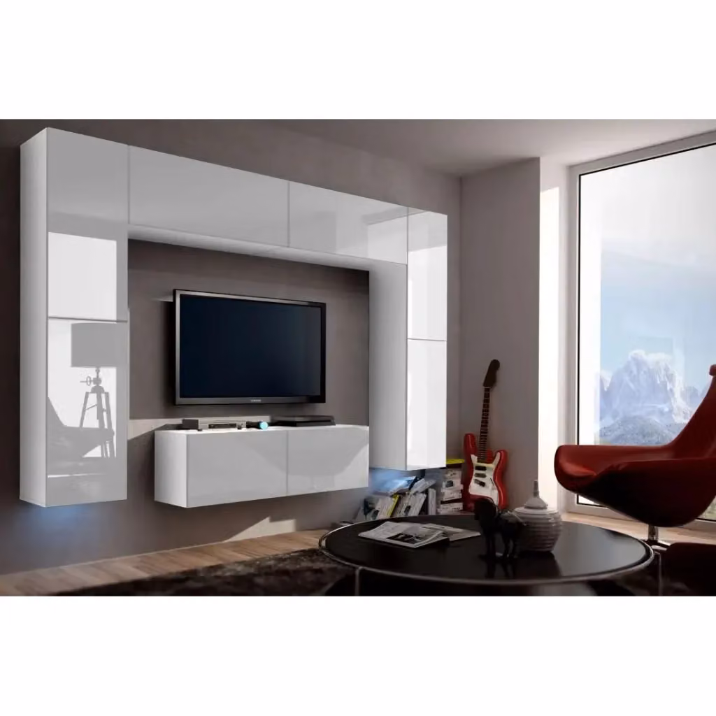 Set di mobili da soggiorno sospesi Meublorama collezione CEPTO III bianco, modulare con 8 porte, 8 scaffali e illuminazione LED integrata, L: 256 cm – 2