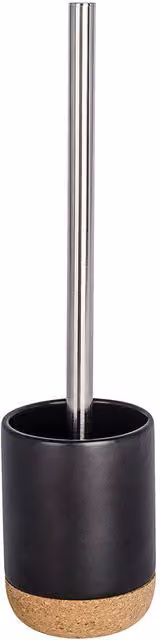 Portascopino per WC con spazzola Wenko in ceramica nera e legno, modello freestanding