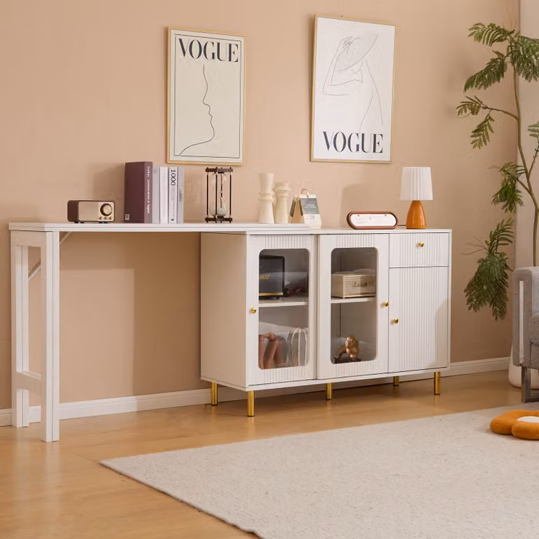 Credenza AIORBER, con tavolo estraibile pieghevole, gambe in metallo dorato, ripiani regolabili, cassettiera, ampio spazio di archiviazione, 116x40x78,5 cm, bianco