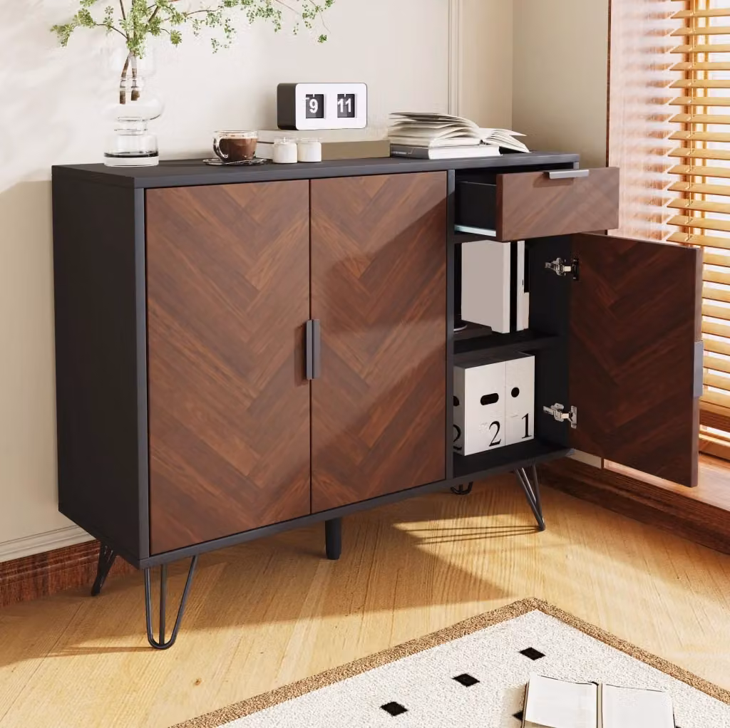 Credenza moderna con cassetto e ripiani regolabili in MDF e metallo, finitura opaca, colore nero e marrone, L 90 cm x P 30 cm x H 71,5 cm – 2