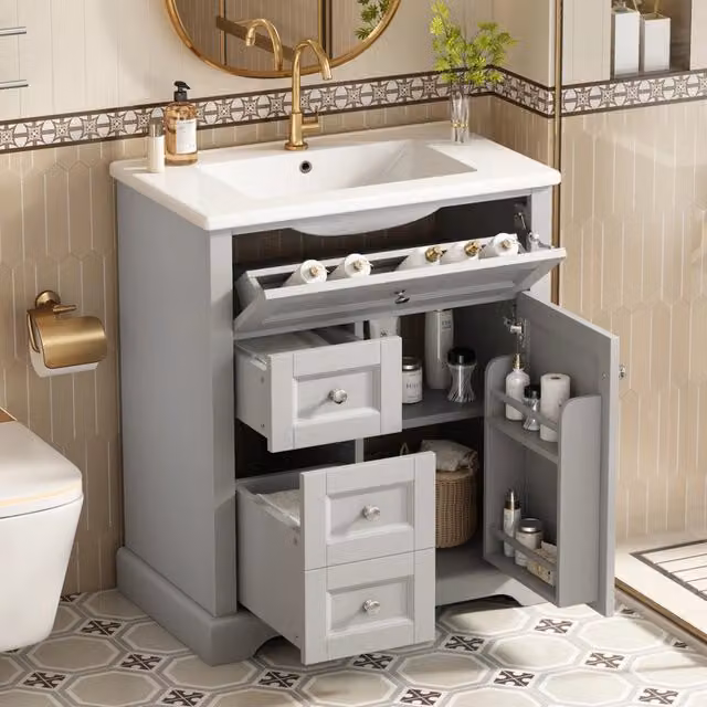 Mobile bagno da terra con lavabo 76x46x87 cm, grigio, verniciato resistente all'umidità, cassetti Soft-Close, ripiano estraibile e regolabile