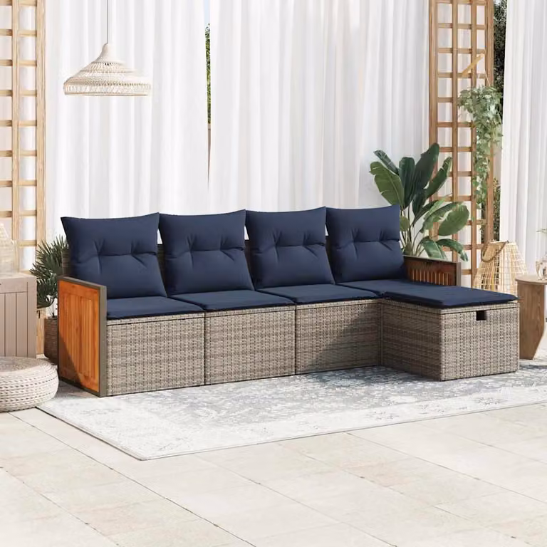Set Divano da Giardino a L vidaXL in Polyrattan con Cuscini Grigio e Blu per Esterno