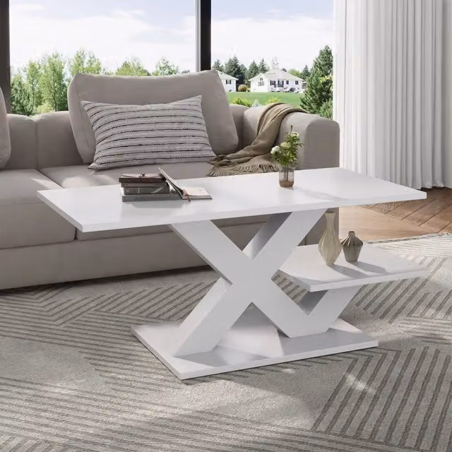 Tavolino da Salotto Rettangolare in MDF Bianco Lucido, Doppio Piano, Gambe Geometriche a X, 100x48x45 cm, Portata 10 kg