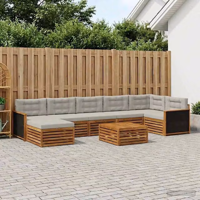 Set di divani da esterno a L vidaXL in legno di acacia con tavolino e pouf, 8 pezzi, Marrone e Grigio
