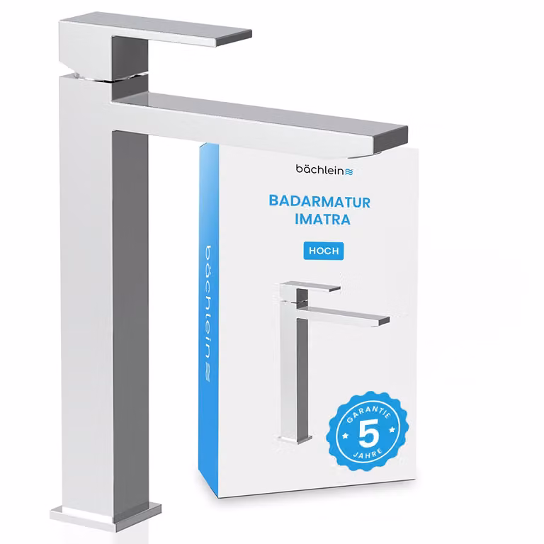 Rubinetto alto per bagno Bächlein dal design angolare - rubinetto extra alto con bocca di erogazione di 215 mm per lavabi da appoggio, rubinetto per lavabo con bocca di erogazione alta