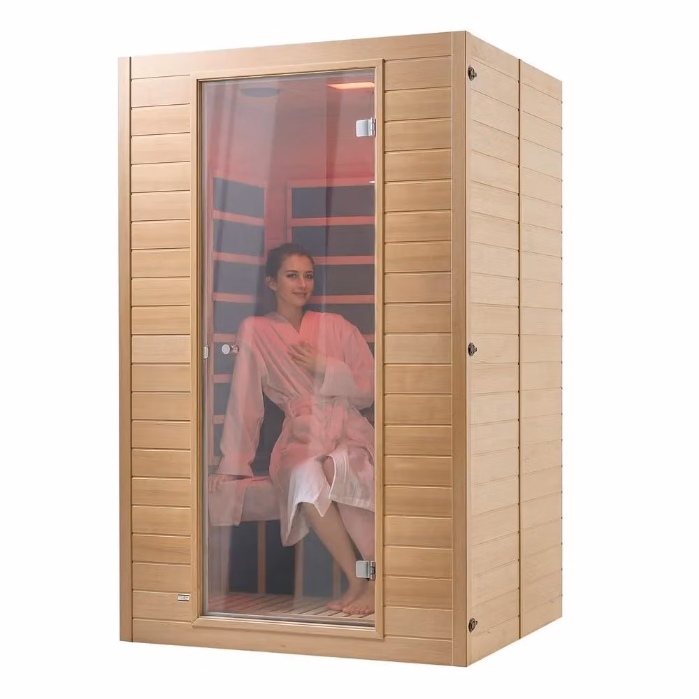 Sauna Infrarossi per 2 Persone in Legno di Hemlock Marrone con Vetro Temperato, Bluetooth e 1800W per Uso Interno – 2