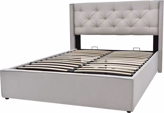 Letto Matrimoniale Imbottito 140x200 cm con Rete in Metallo e Contenitore, Tessuto in Cotone Grigio Chiaro