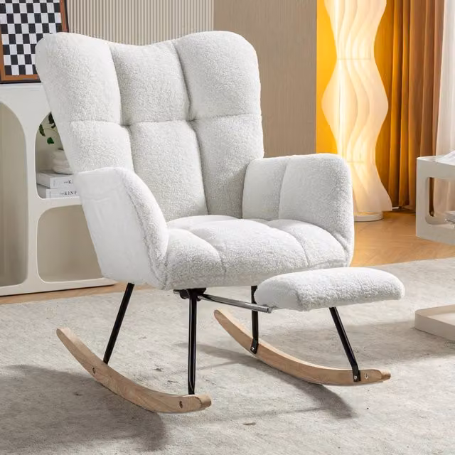 Sedia a dondolo OKWISH moderna con poggiapiedi pieghevole, schienale alto e braccioli in tessuto boucle bianco e nero