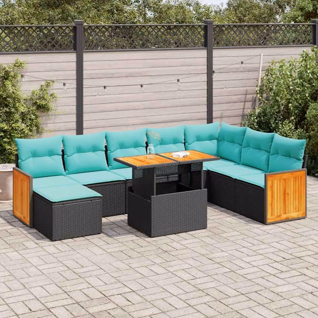 Set di divani da giardino vidaXL 11 pezzi in polyrattan e legno di acacia con cuscini, forma a L, colore nero e blu