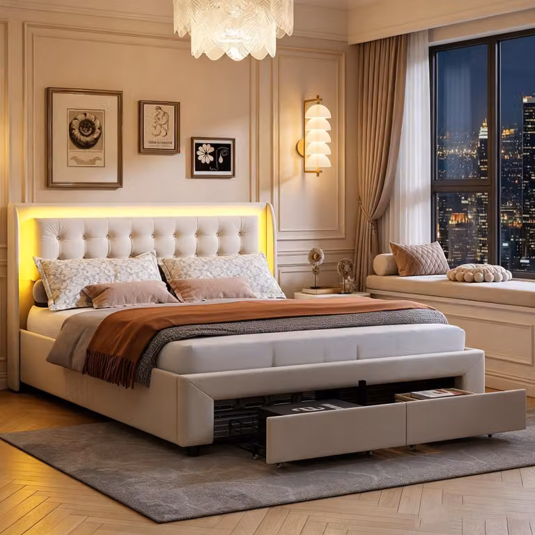 Letto matrimoniale imbottito con base contenitore idraulica 160x200 cm, dotato di 2 cassetti, illuminazione LED, rivestito in velluto, colore beige