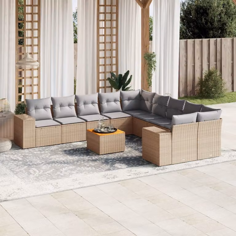 vidaXL Set Divani da Giardino 11 pz in Polyrattan con Cuscini Beige e Grigio e Tavolino da Esterno