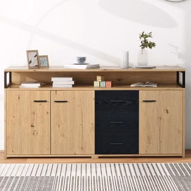 Credenza ULEVR 150x35x75,9 cm con 3 ante, 3 cassetti e ripiani regolabili, nero e marrone