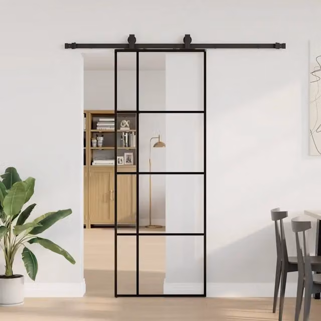 Porta Scorrevole Moderna vidaXL in Vetro Trasparente con Telaio in Alluminio e Ferramenta Nera L: 76 cm, H: 205 cm – 1