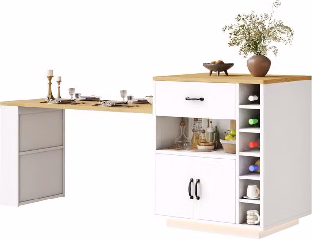 Isola cucina con tavolo estraibile 80 x 70 x 95,5 cm in MDF e metallo con 2 cassetti e 4 ante
