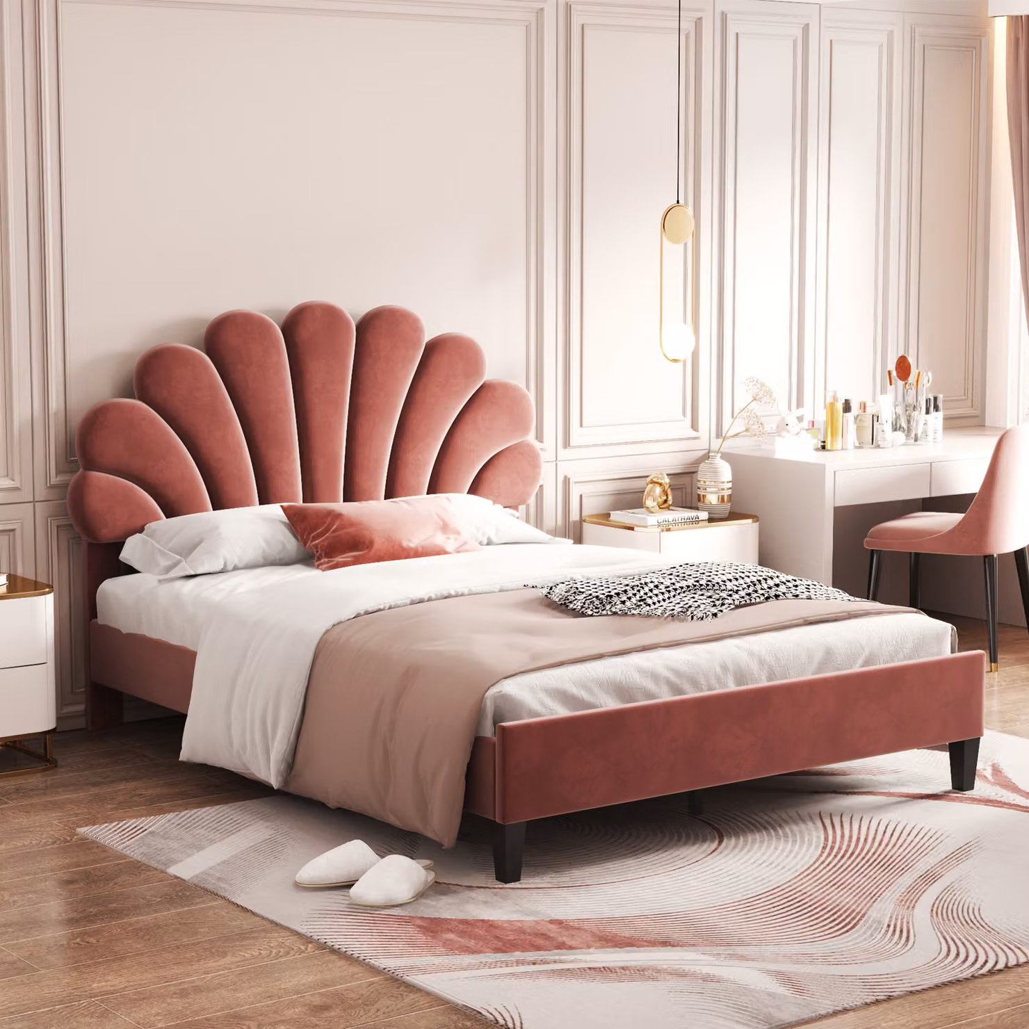 Flieks Letto imbottito con testata a forma di fiore e rete a doghe Letto matrimoniale Culla Velvet 140x200cm