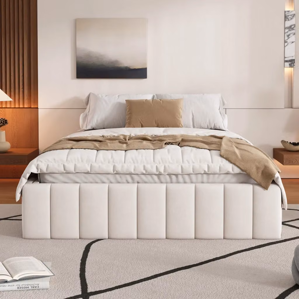 Letto contenitore matrimoniale Chicfurn in velluto beige con 4 cassetti e rete, L/P/H: 140 x 200 x 35 cm – 2