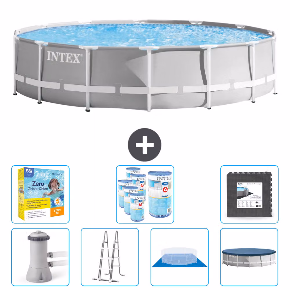 Piscina Intex Round Prism Frame - 427 x 107 cm - Grigio - inclusa pompa - scaletta - telo di fondo - pacchetto di manutenzione della copertura - filtro - piastrelle per il pavimento