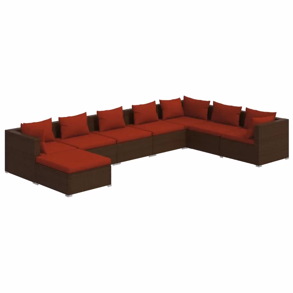 Set di Divani da Giardino a L con Cuscini vidaXL, 8 Pezzi in Polyrattan Marrone e Rosso con Struttura in Acciaio Verniciato a Polvere – 2