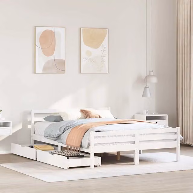 Letto singolo vidaXL in legno massello di pino bianco con doghe in legno e stile rustico L: 140,5 cm, P: 195,5 cm, H: 69,5 cm