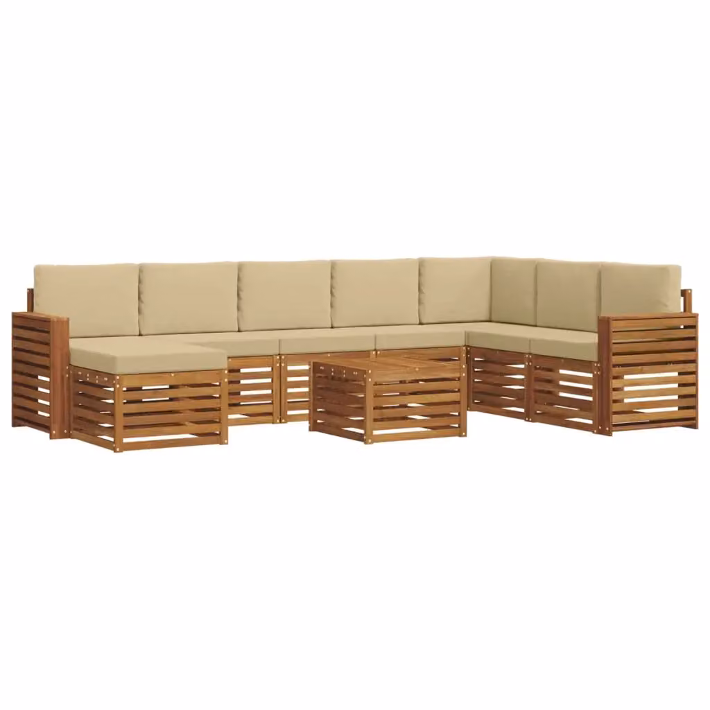 Set di divani da esterno vidaXL a forma di L in legno di acacia con tavolino e pouf, colore beige, 9 pezzi – 2