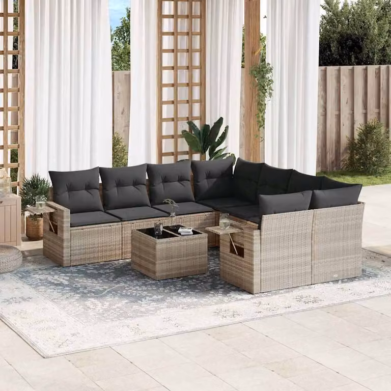 vidaXL Set Divano da Giardino a L in Polyrattan Grigio con Cuscini e Tavolino da Esterno