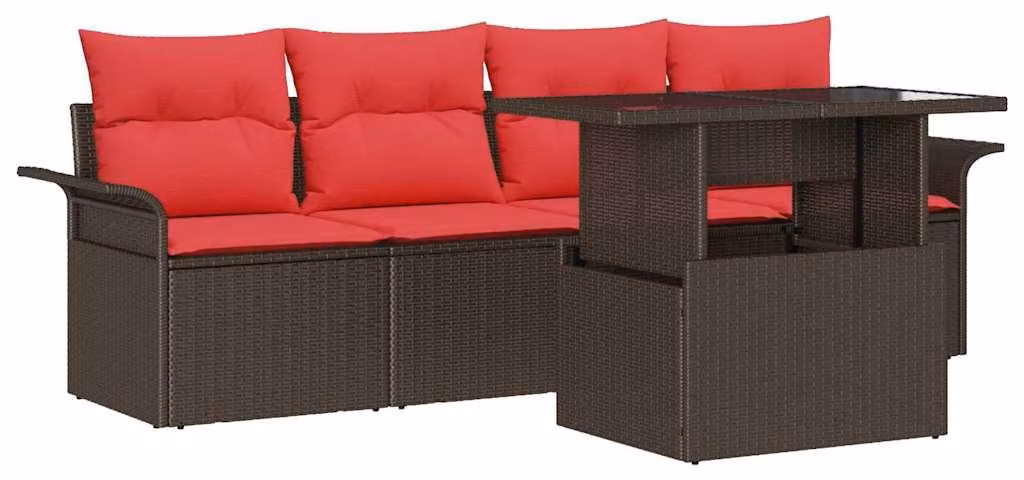 Set Divano da Giardino con cuscino 5 pcs Marrone polyrattan