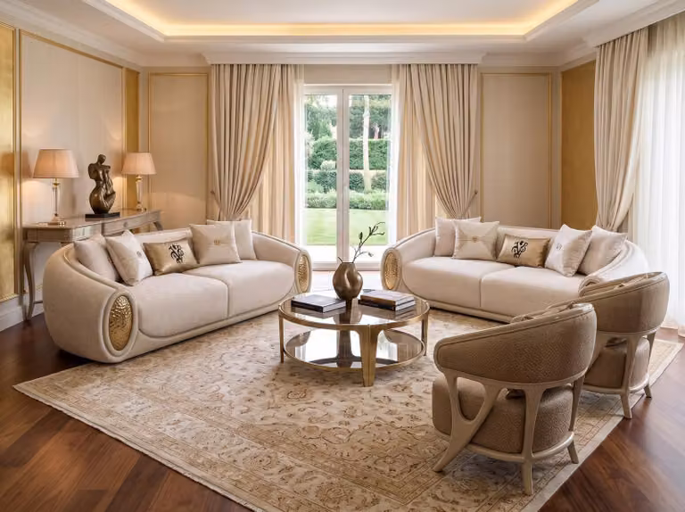 Divano, poltrona, beige, moderno, soggiorno, alta qualità