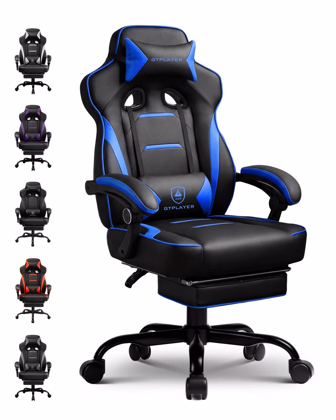 Sedia da gaming GTPLAYER con poggiapiedi, sedia da ufficio ergonomica con capacità di carico di 150 kg, poltrona da gaming con supporto lombare e poggiatesta, sedia da computer regolabile in altezza