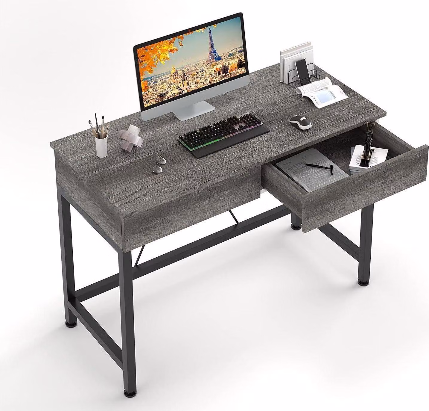Scrivania con 2 cassetti in legno rovere grigio 100x50x73cm